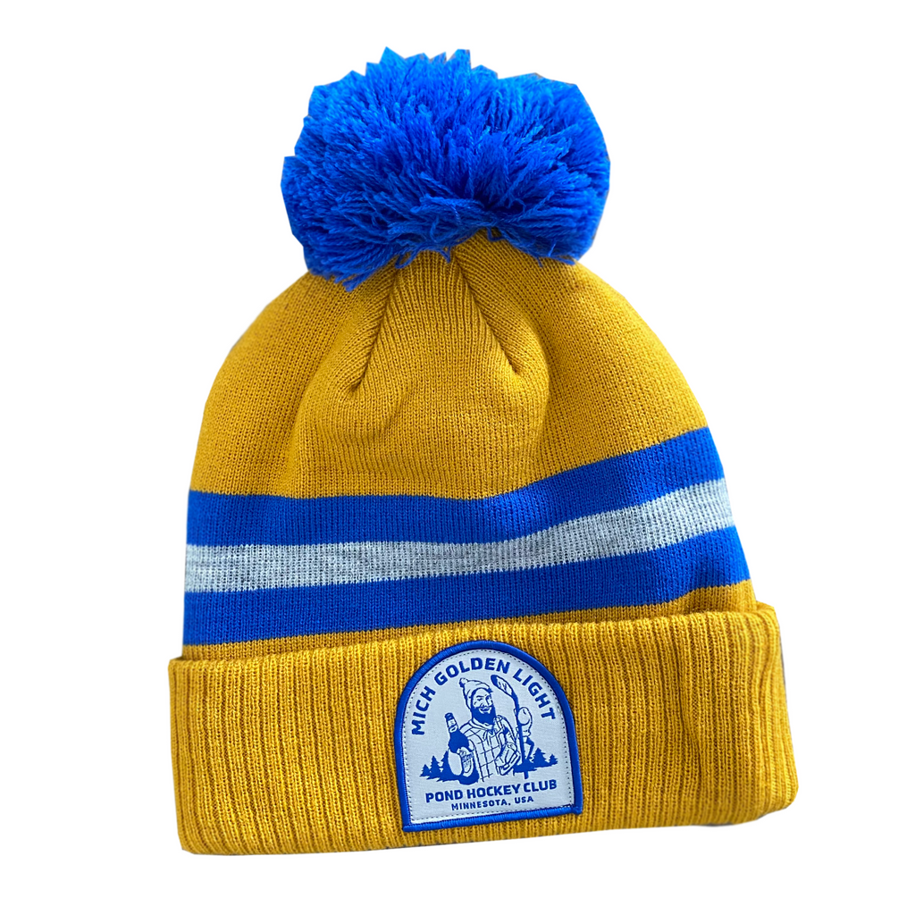 Blue and yellow beanie hat on sale